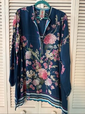 Johnny Was Navy Floral V-Neck Tunic with Pink & White Blooms